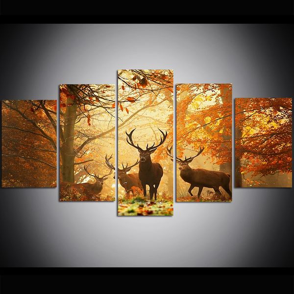 5 piece large size canvas wall art deer grass leaves autumn trees oil painting wall art pictures for living room paintings wall decor
